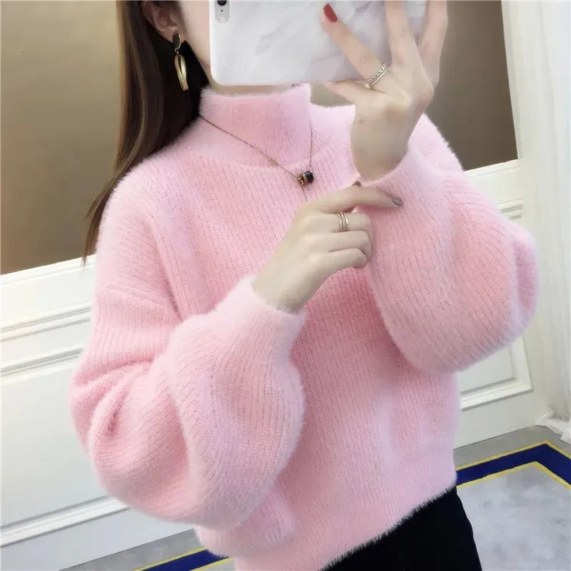 Blush High-Neck Knit Sweater