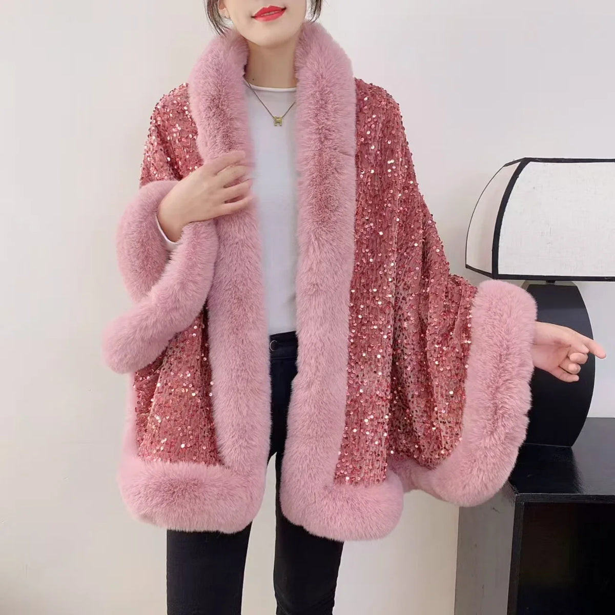 Celeste Sequin Fur Cape