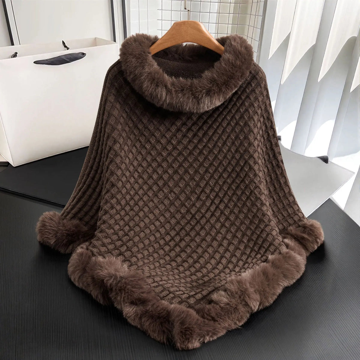 Hazel Textured Fur-Trimmed Poncho