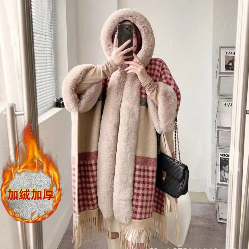 Clara Plaid Fur-Trimmed Shawl