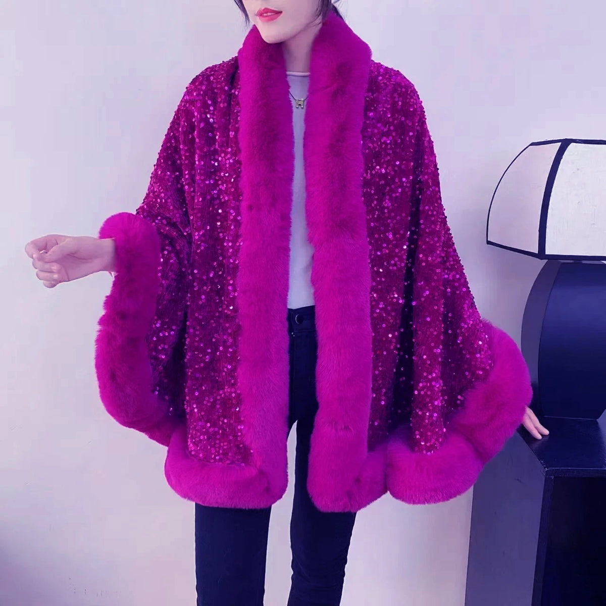 Celeste Sequin Fur Cape